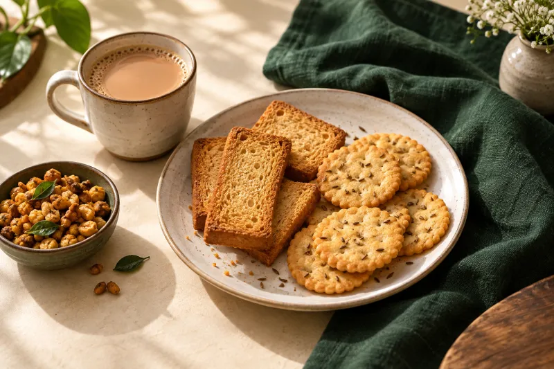 Illustrative familiar tea-time food with chai, rusks and snacks
