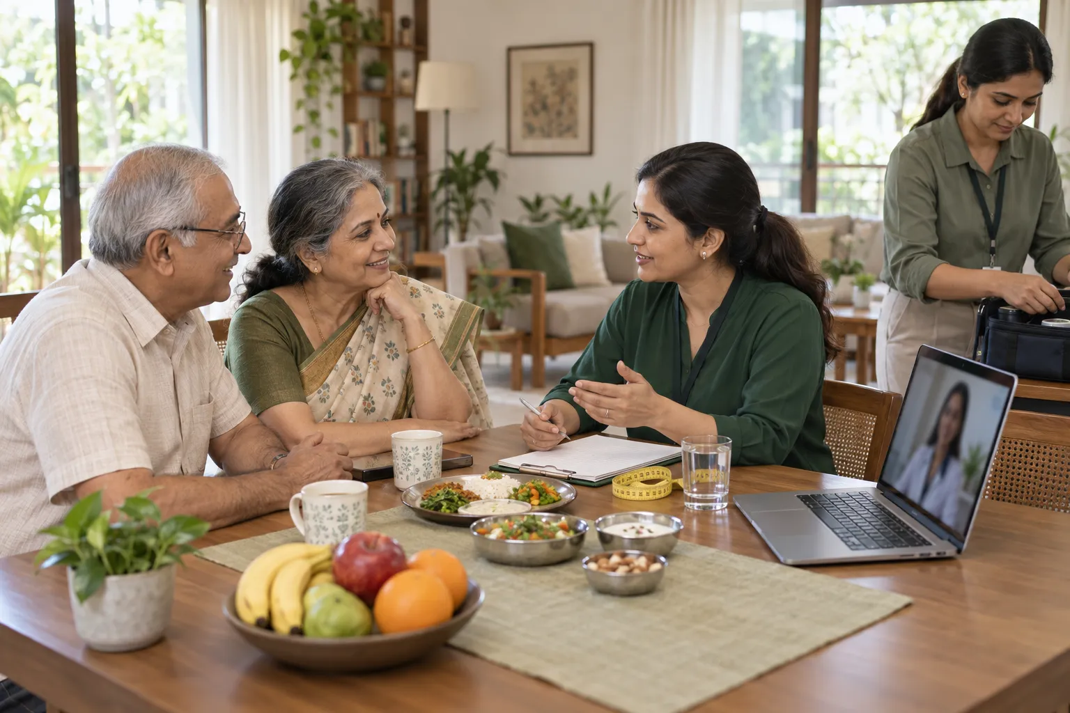 Illustrative home visit with an older Indian couple, a nutrition professional and a mobile-team colleague