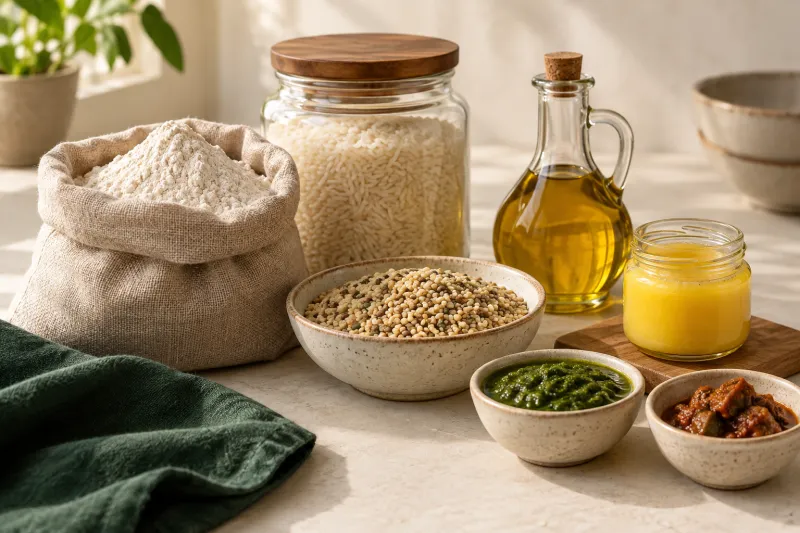 Illustrative everyday pantry ingredients including grains, flour and oils